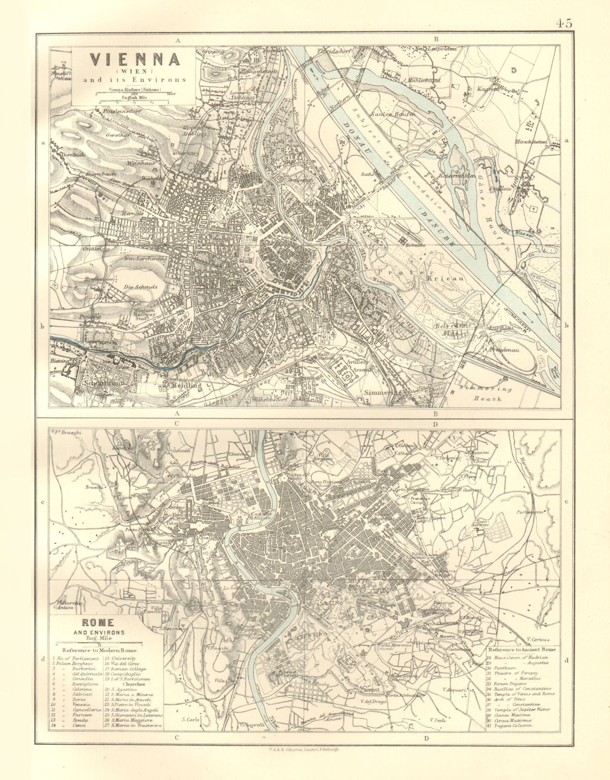 VIENNA & ROME. City plans. Wien. Roma. Austria. Italy. JOHNSTON 1920 old map